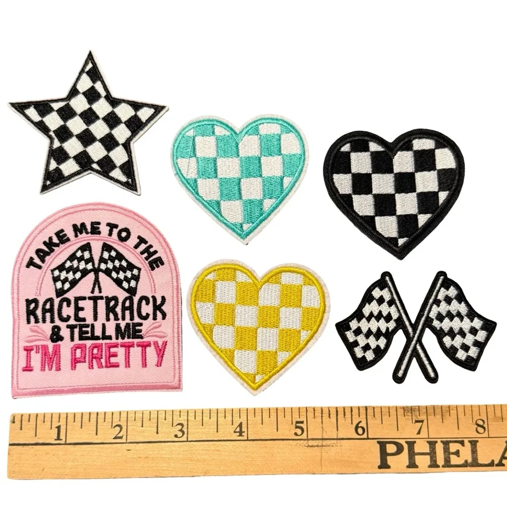 Iron On Patch Lot Racing Checker Hearts Star Coquette Y2K Crafts‎