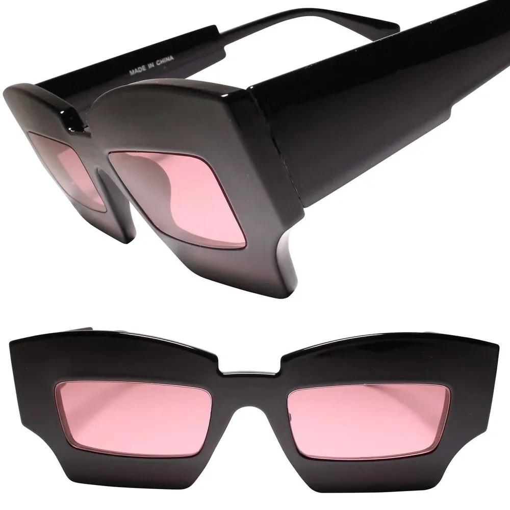 Stylish and Chic Black Slick Design Geometric Slim Rectangular Pink Lens