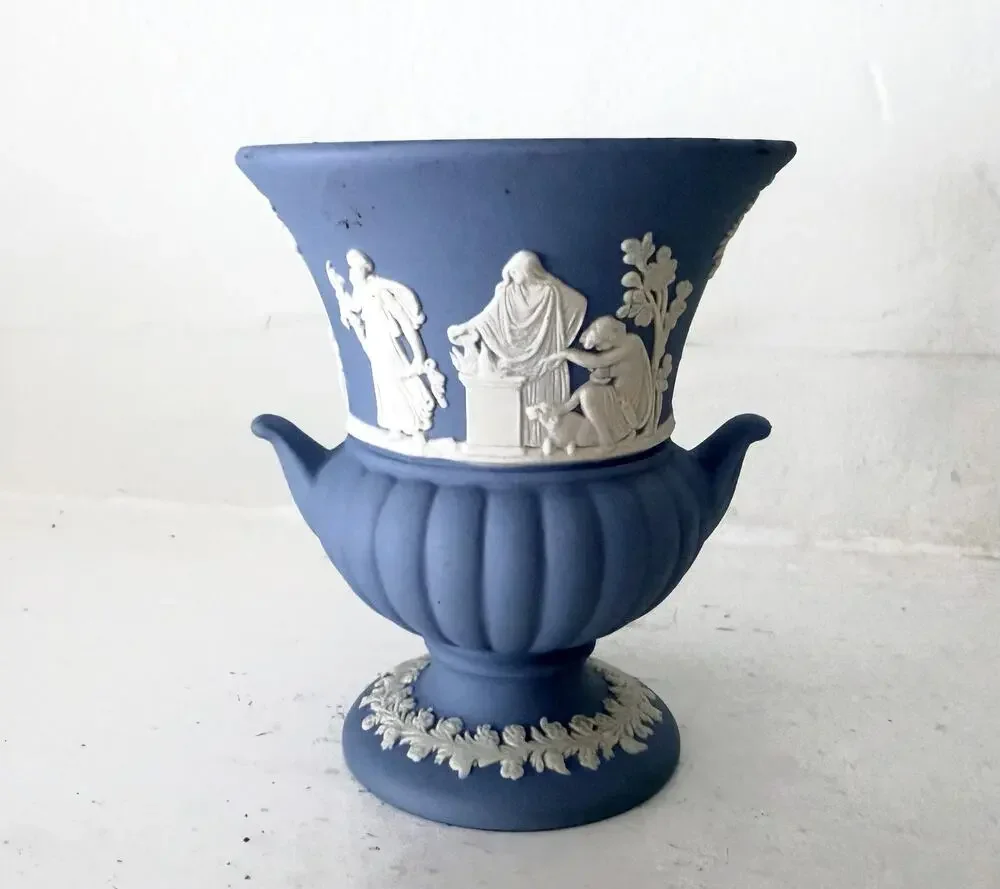 Wedgwood Portland Blue Jasperware Campana Urn Vase Classical Relief England
