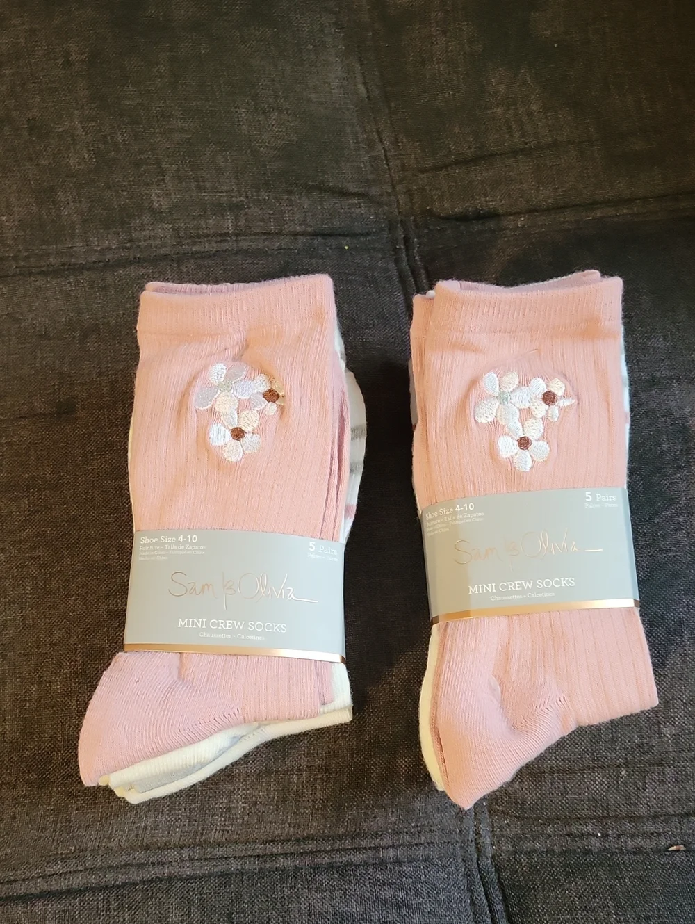 Pink Mini Crew Socks - Floral Embroidered (5-Pack)