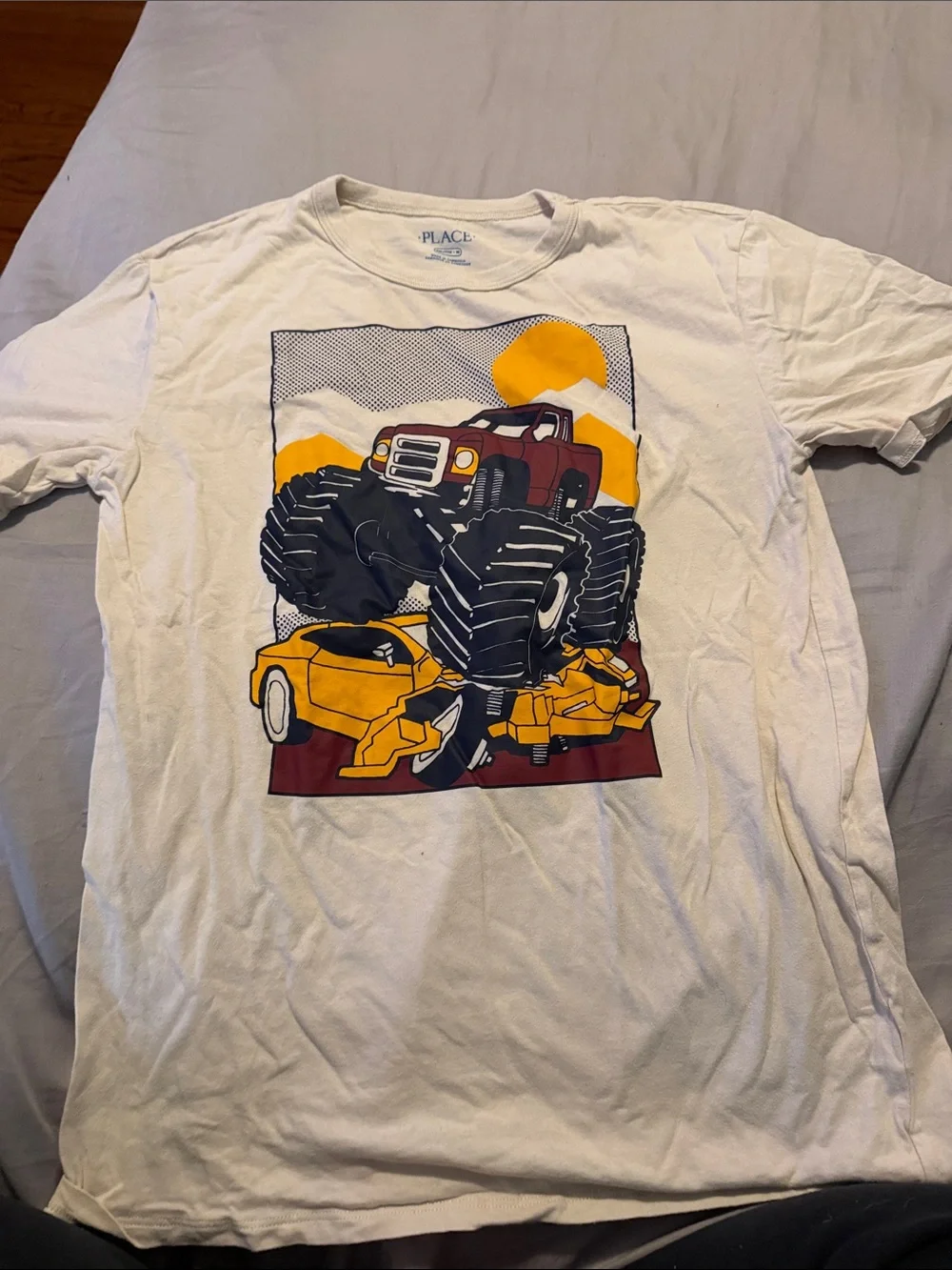 The Children's Place White Tee with Yellow & Black Monster Truck Graphic