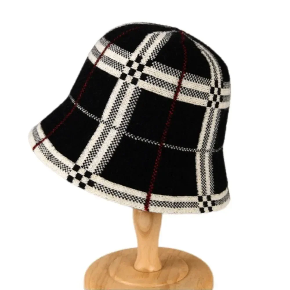NEW! *French-Girl Chic* Black Plaid Faux-Cashmere Designer-StyleBucket Hat