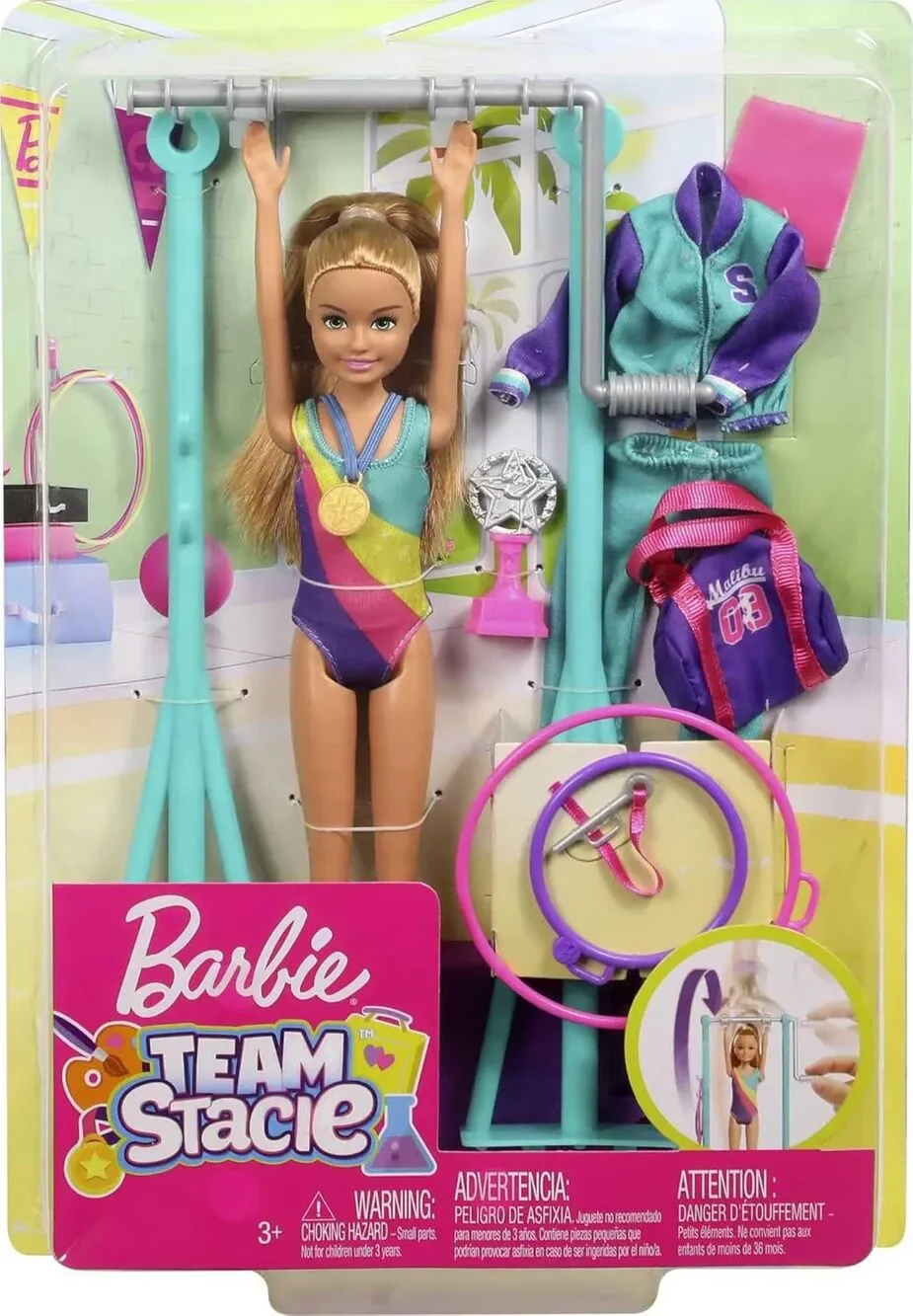 Barbie Team Stacie Doll And Gymnastics Playset With Spinning Bar NWT