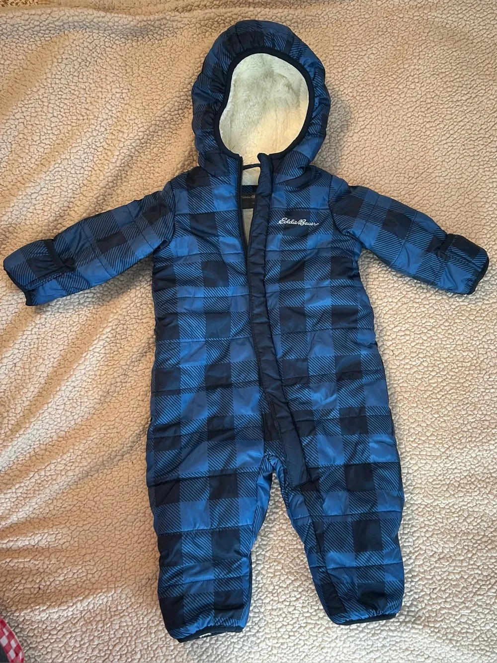 Eddie Bauer baby snowsuit blue and black plaid fullzip with sherpalined hood 3/6