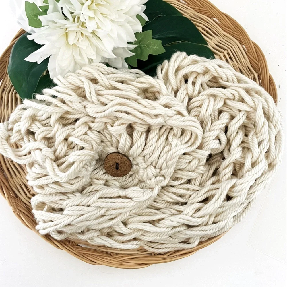 Handmade Bohemian Chunky open weave Cream crochet Wrap Scarf brown wood button