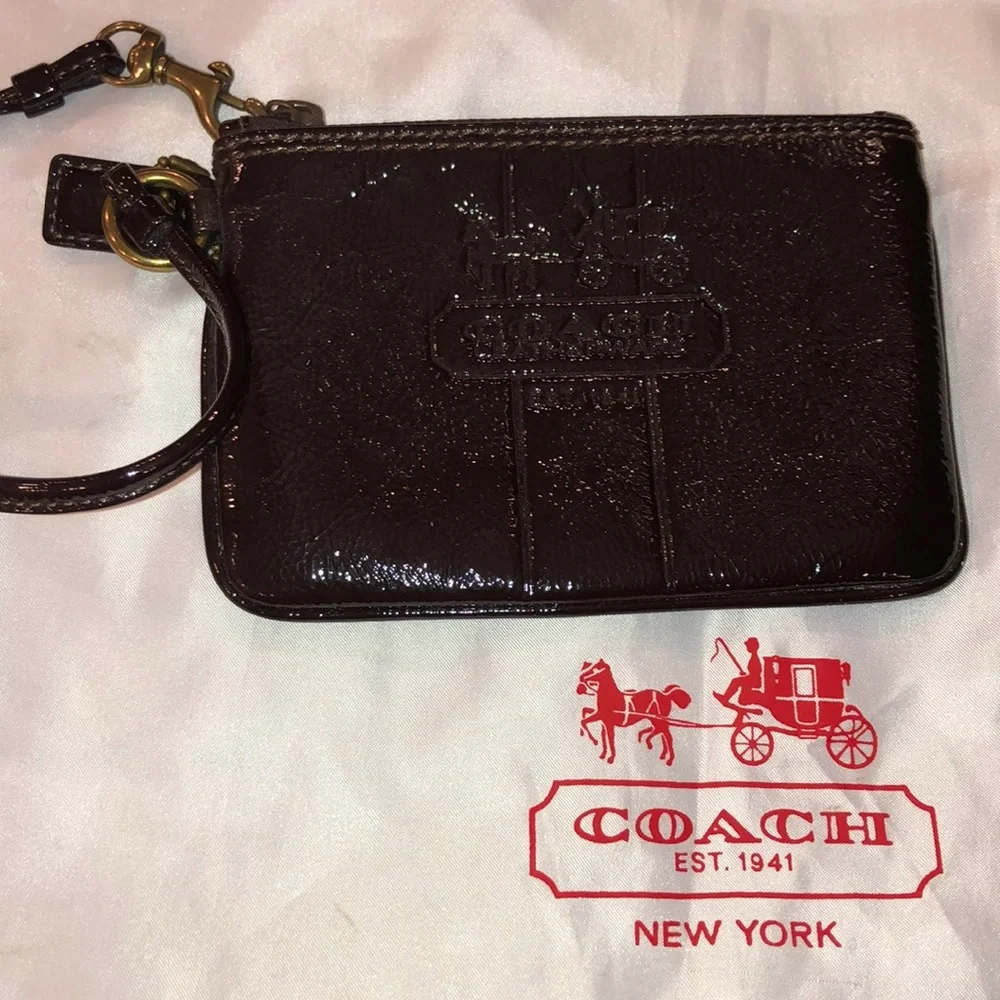 Patent leather wristlet clutch brown vintage coach