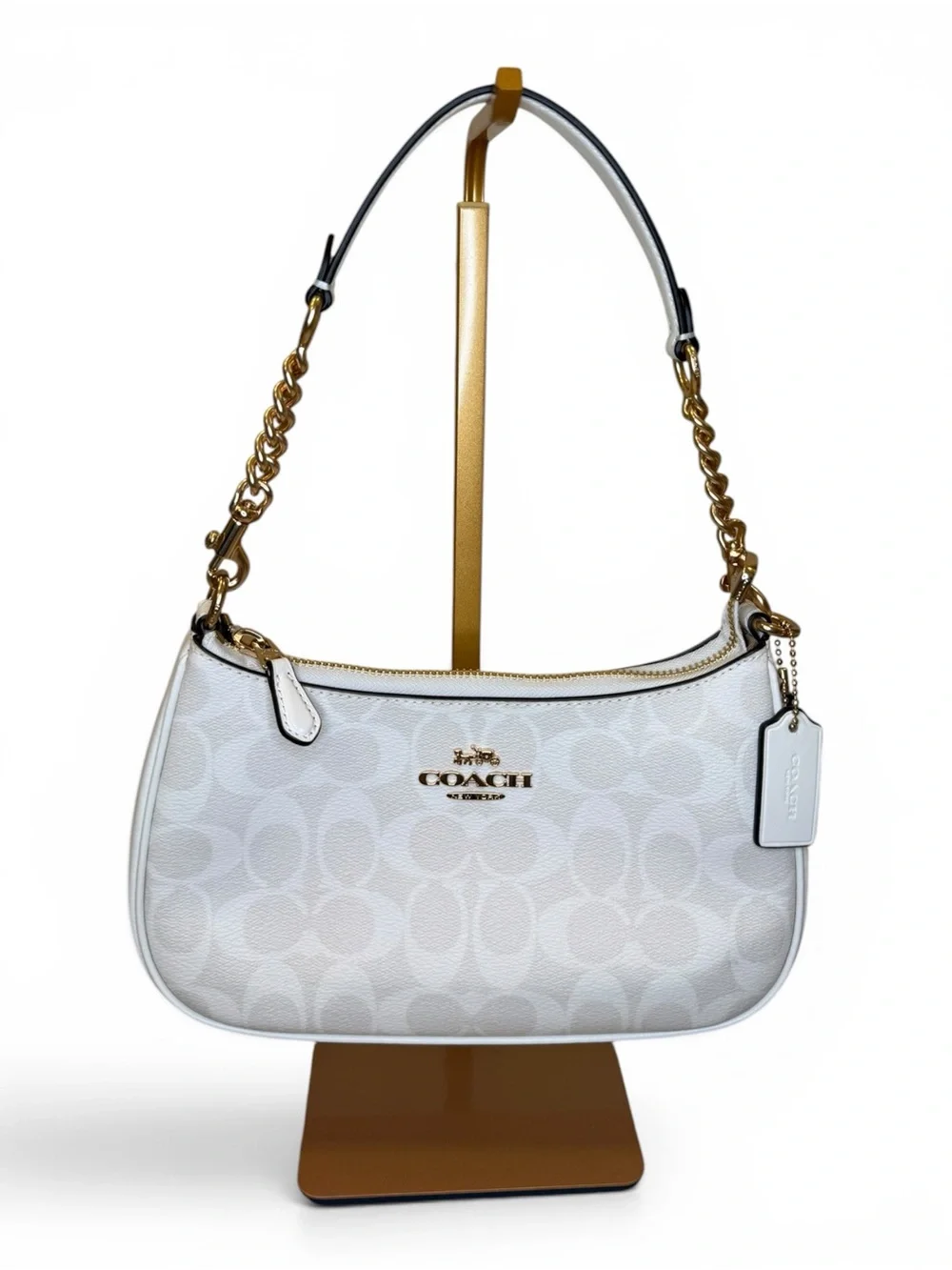 Coach White Signature Canvas Shoulder Bag with Gold Hardware