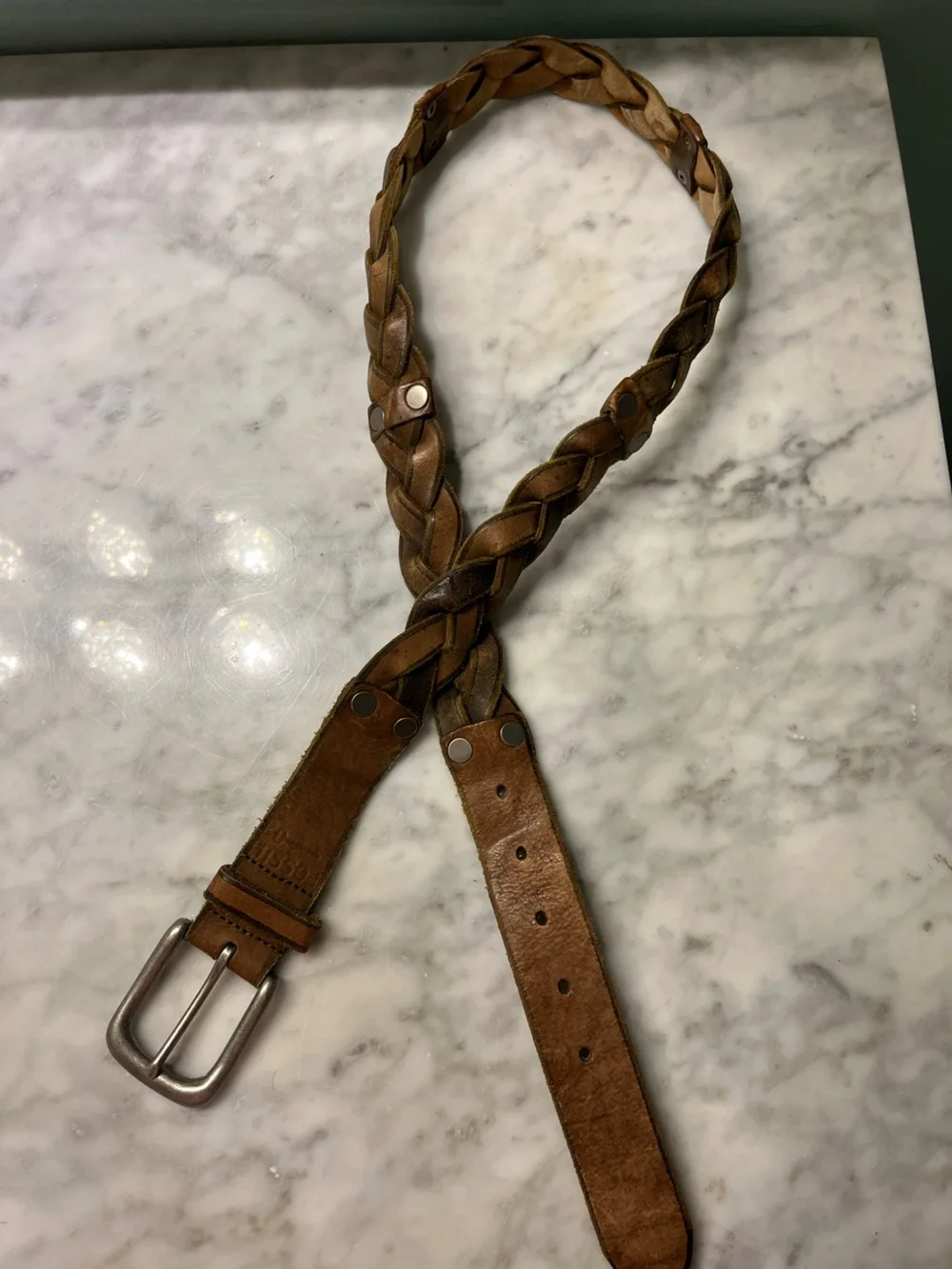 Fossil Braided Tan Leather Belt with Silver Buckle