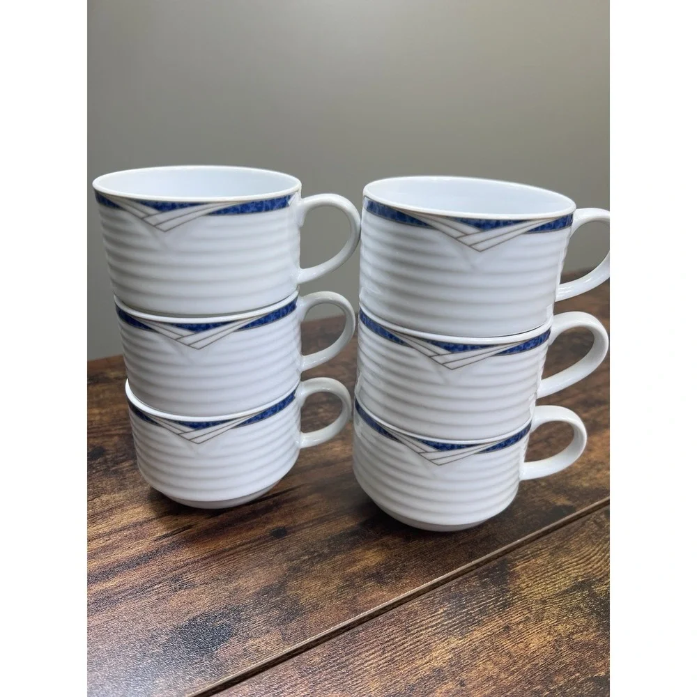 Lot Of 6 Contemporary Noritake Tea Cups Arctic Blue Ribbed Very Nice