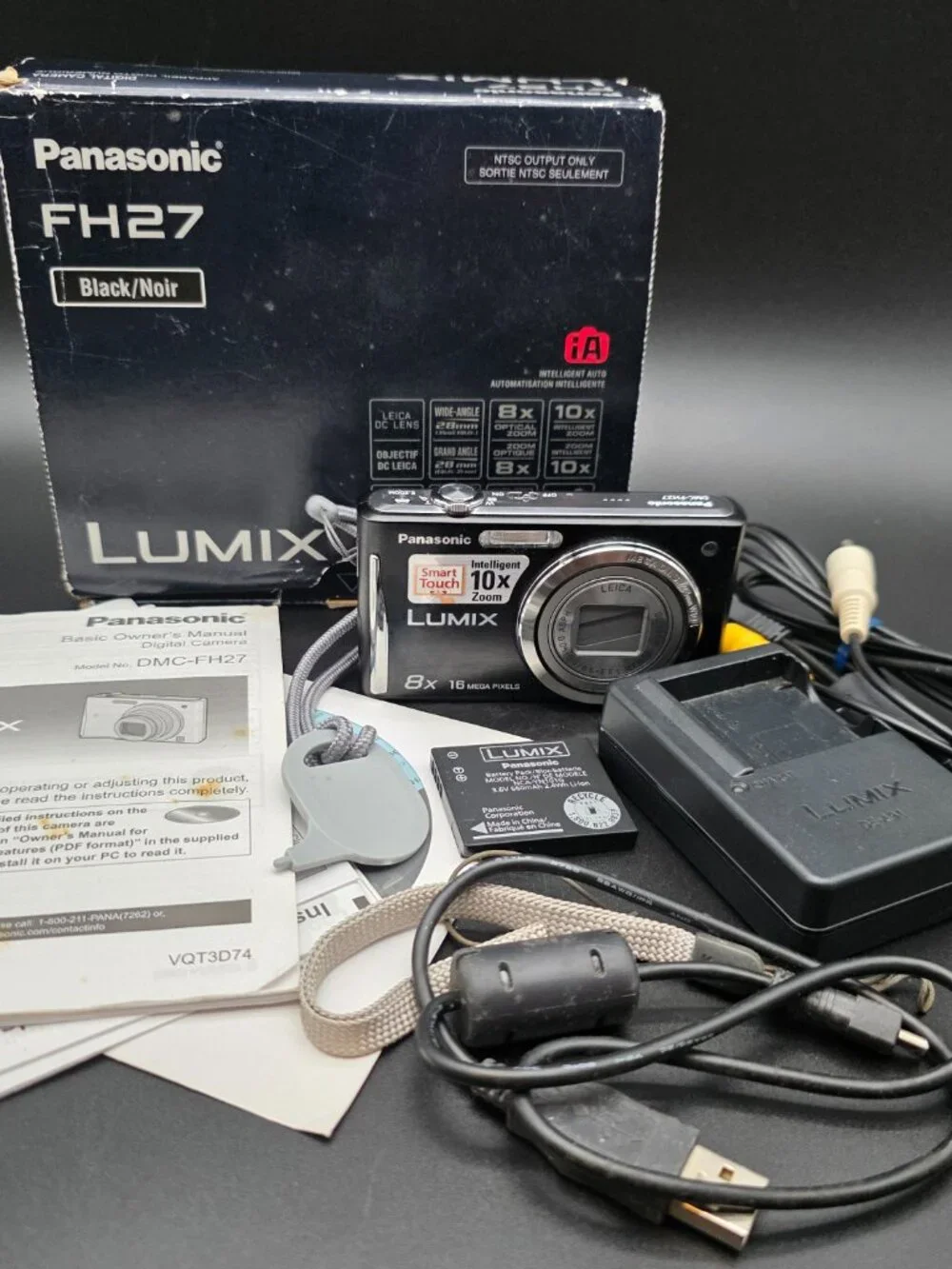 Panasonic LUMIX DMC-FH27 Digital Camera black w/ Battery Charger cables tested