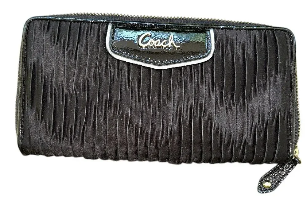 Coach Ashley Gathered Satin Black Zip Around Wallet