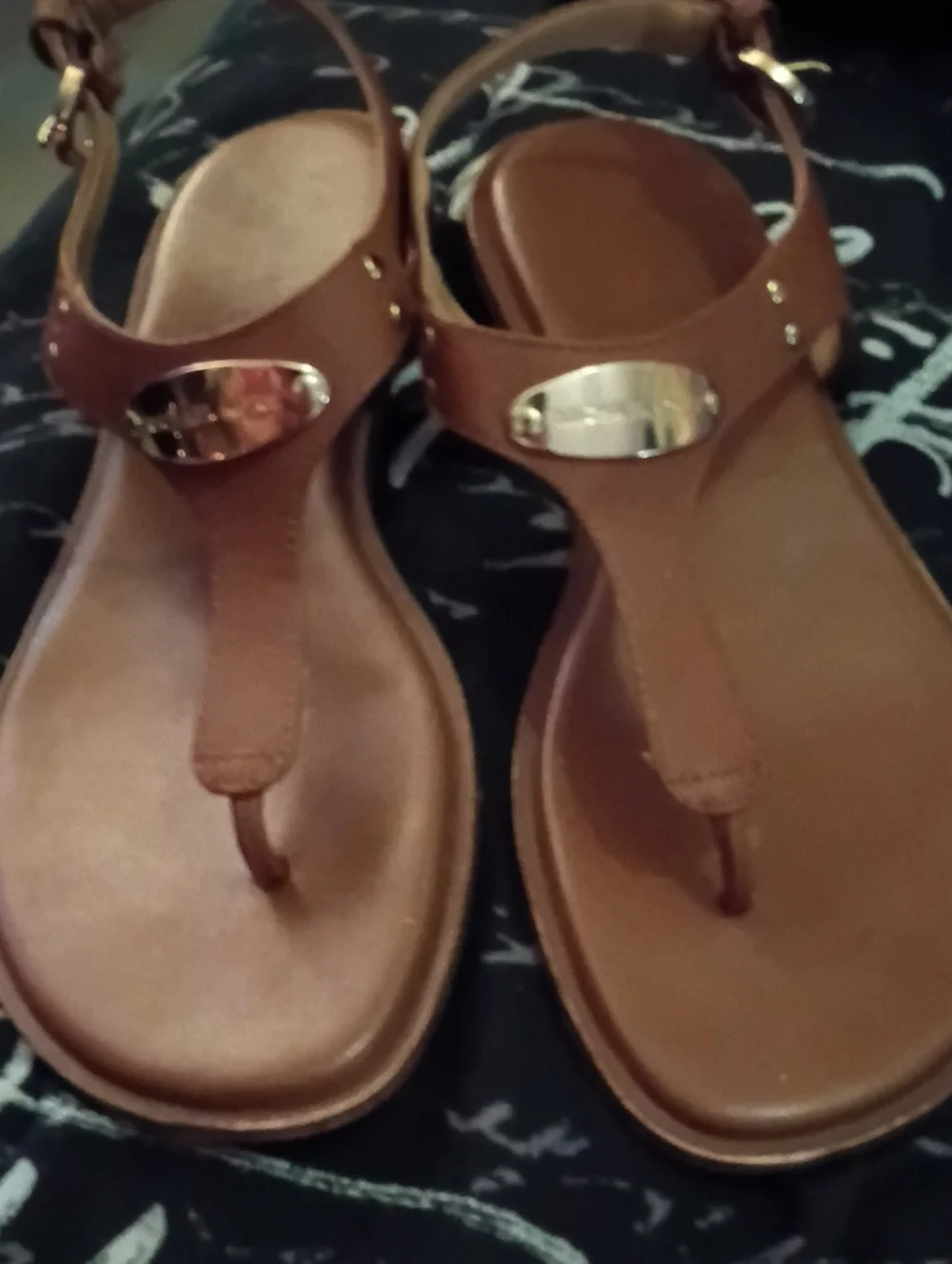 Michael Kors Brown Leather T-Strap Sandals with Gold Accent