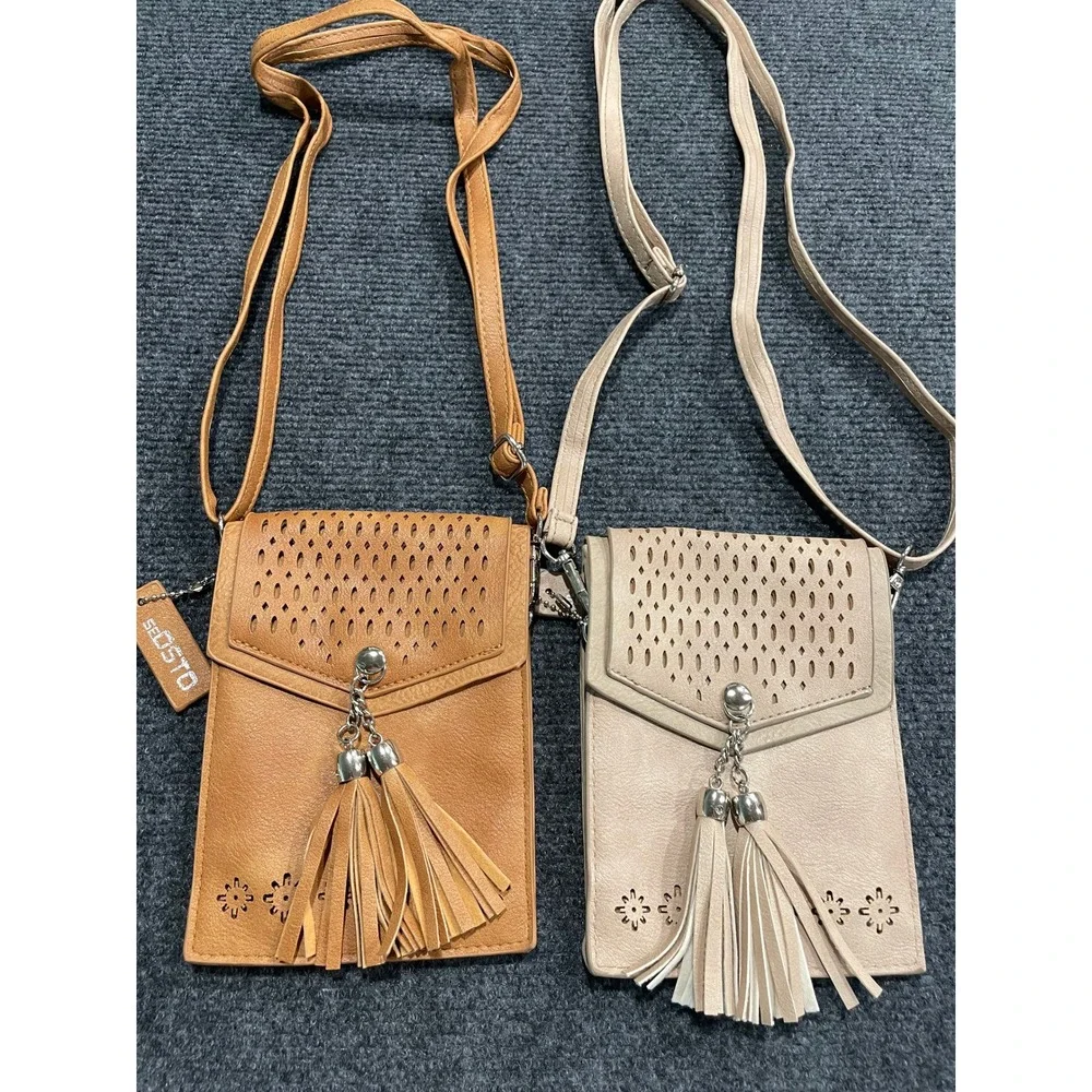 S-Dosto Set of 2 Laser Cut Tassel Crossbody Phone Bags Tan and Beige Boho