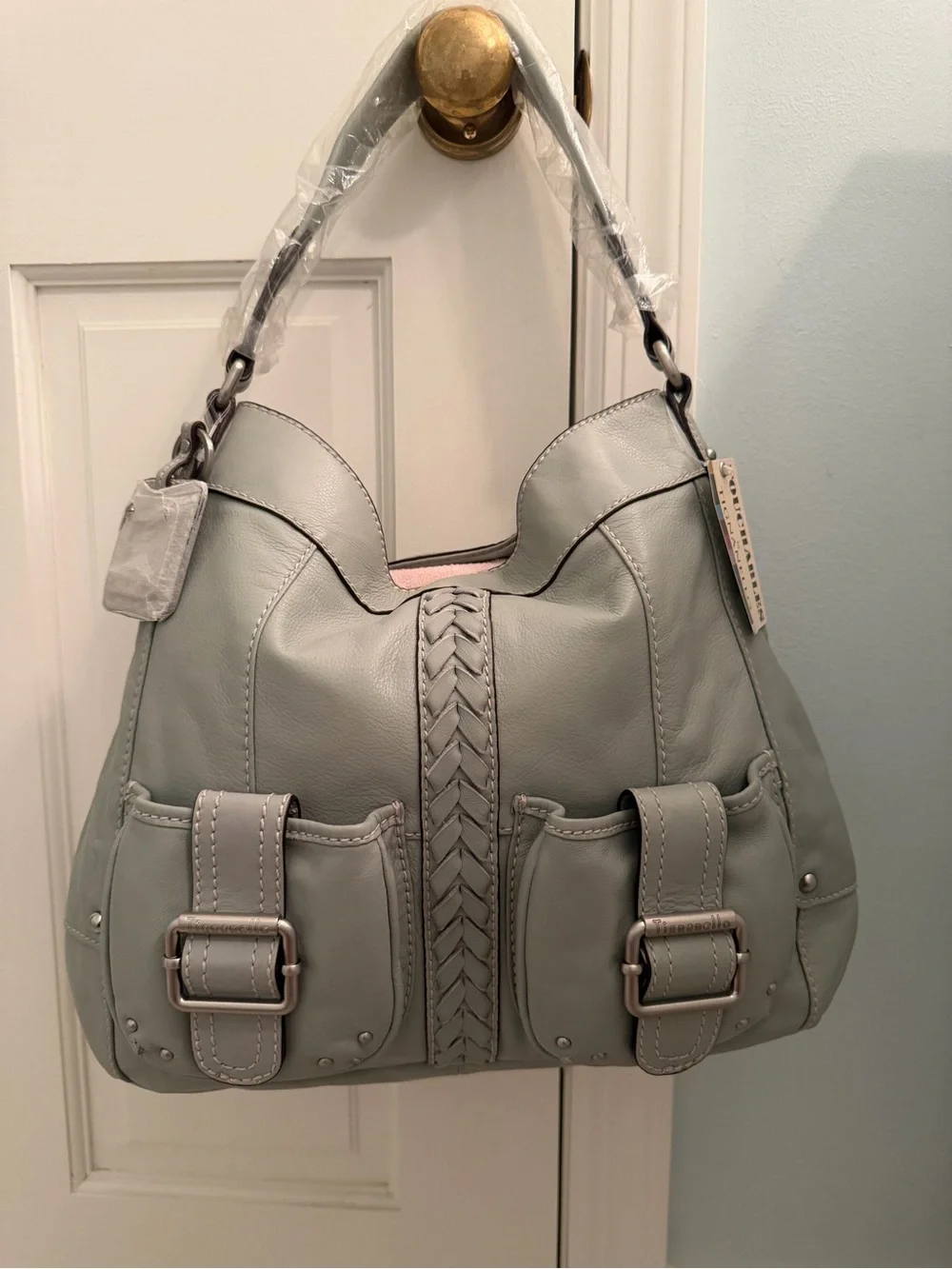 NWT- Tignanello Glove Leather Pocket Hobo with Braided Accent & Keyfob