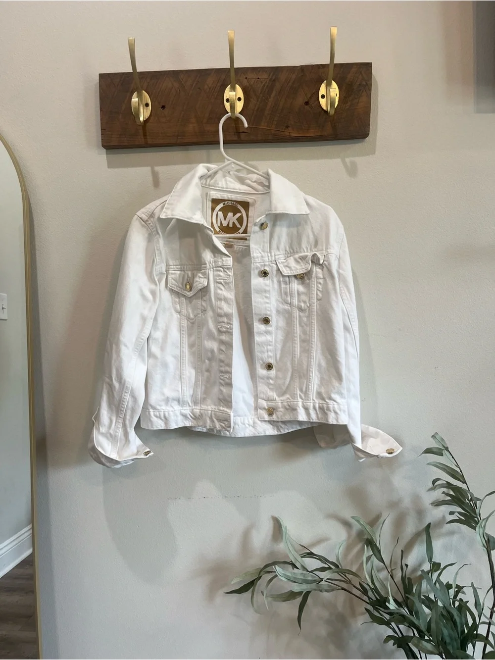 Michael Kors White Button-Front Denim Jacket with Gold Accents