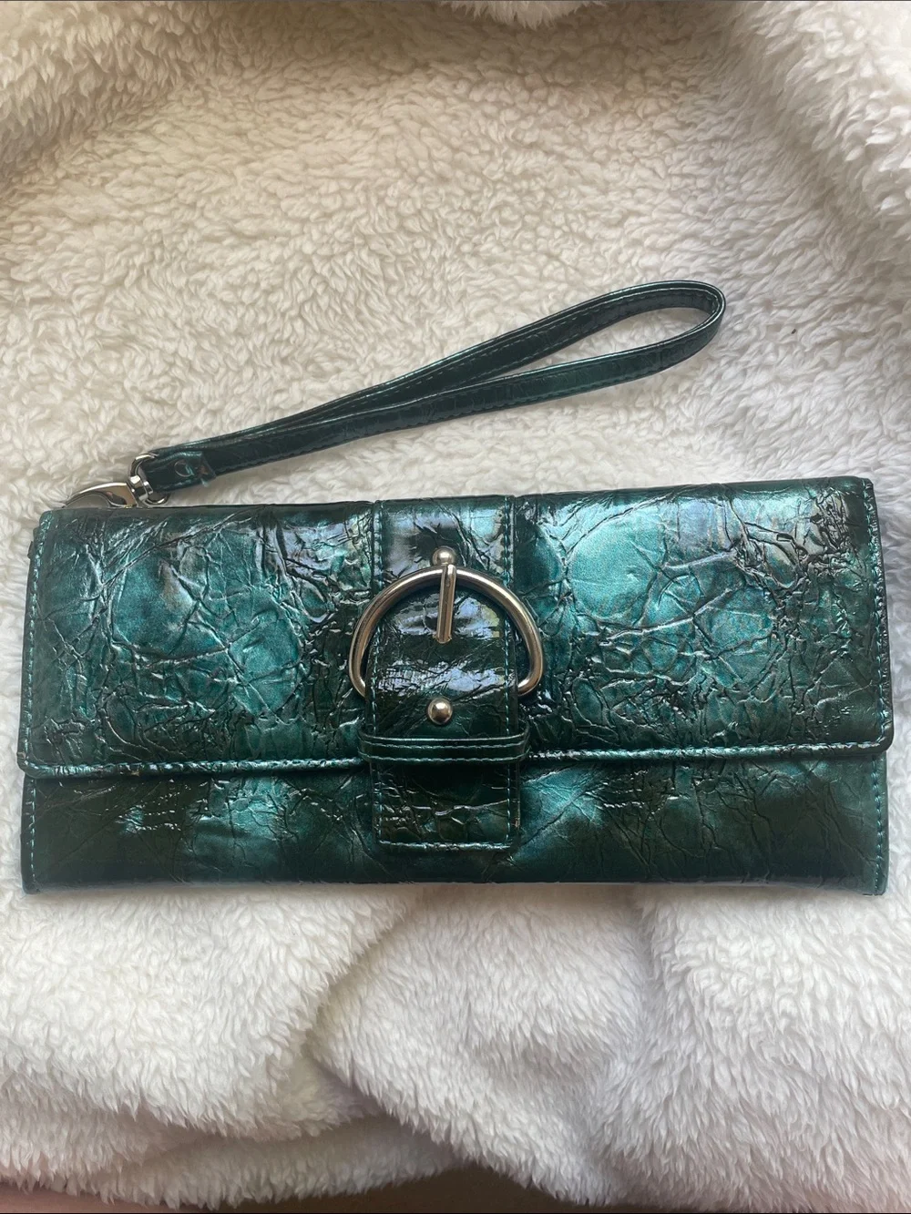 Poppie Jones Shiny Emerald Green Wristlet Clutch with Buckle