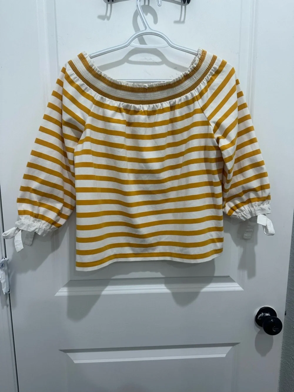 J. Crew White and Mustard Striped Off-Shoulder Top SZ M