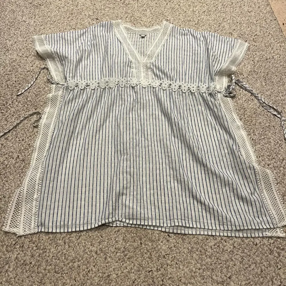 J Crew Tunic Beach Cover Up Lace Stripe M/L Cream Blue Coastal Classic Preppy