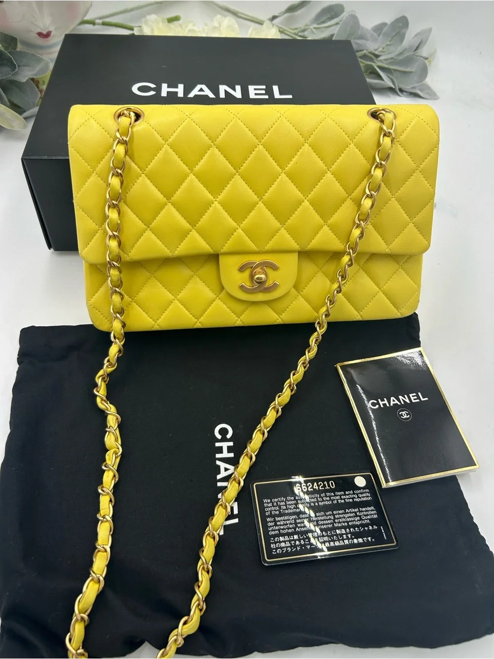 Women's Chanel Classic Quilted double Flap Bag in Yellow with Gold Hardware