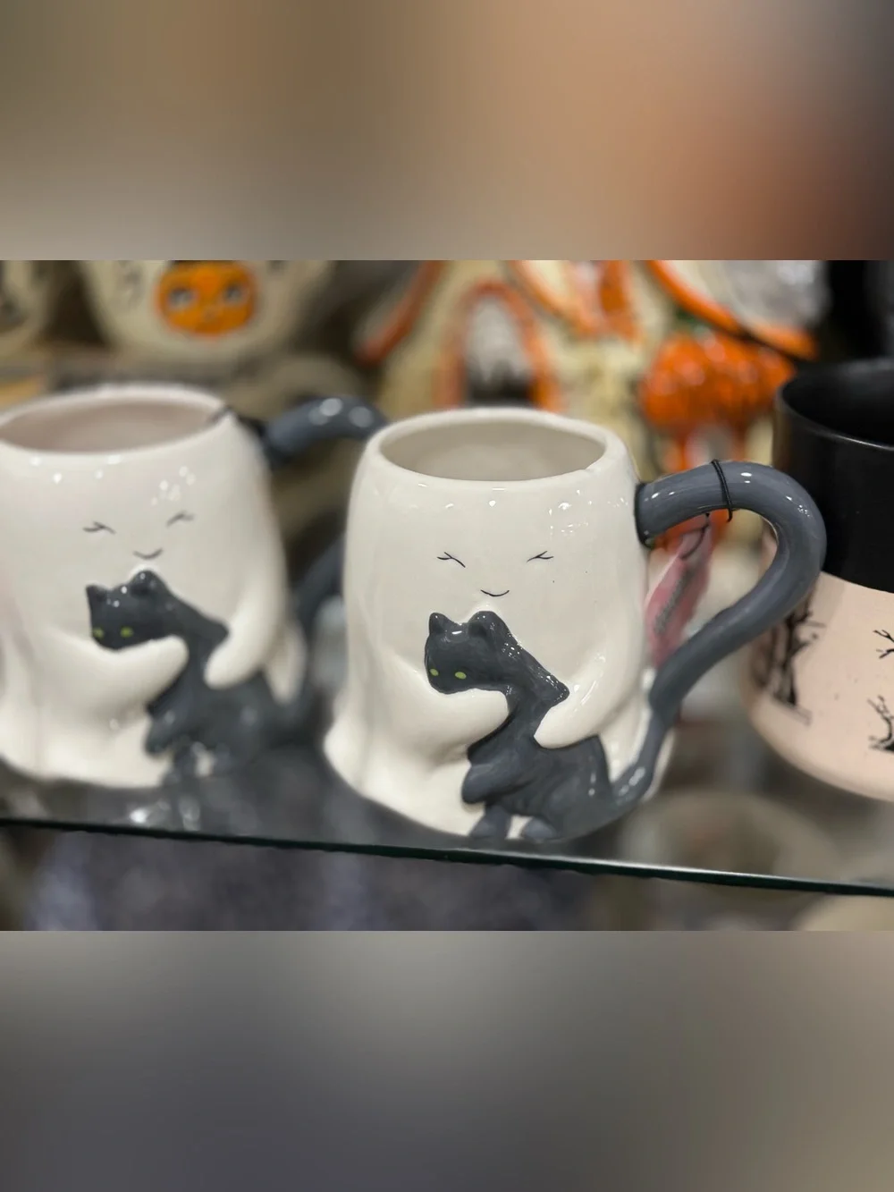 Cream 2 Ghost Mugs with Gray Cat Accent - Decorative Home Accent