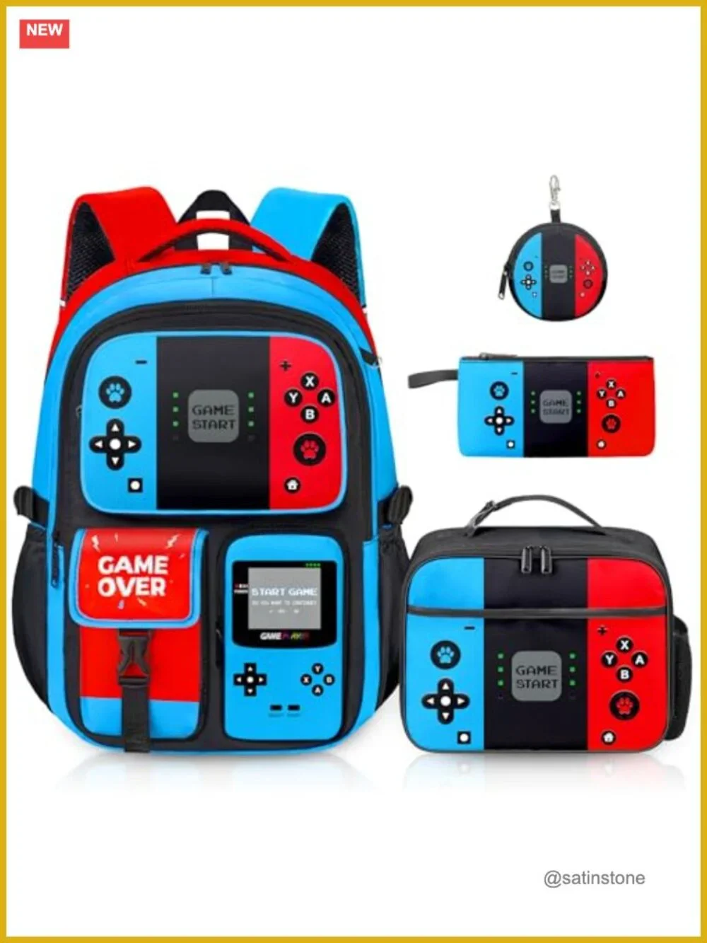 Gamer Backpack Set for Boys, 4-Piece with Lunch Box and Pencil Case