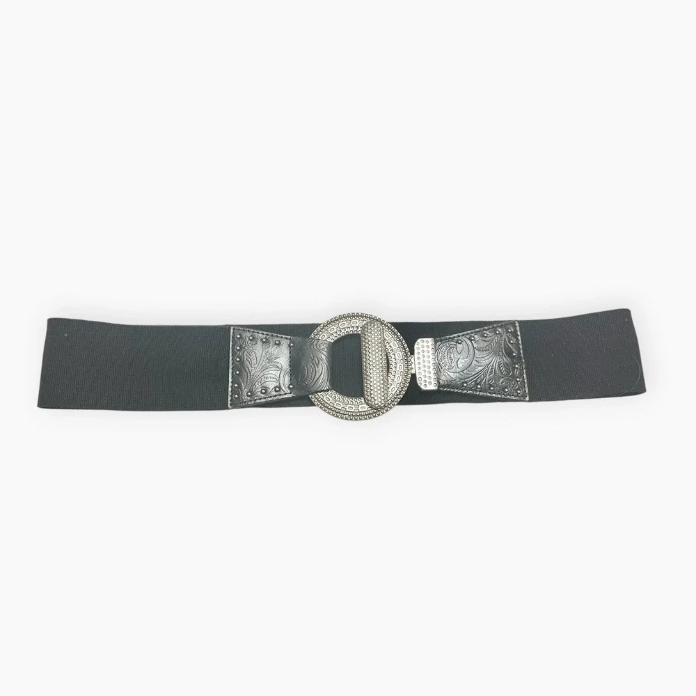 Chico's Silver Black Stretch Belt Leather Linen  Circle Buckle M / L Western