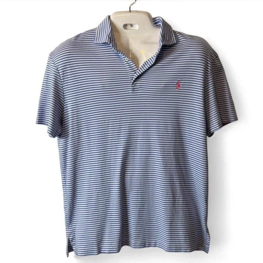 Polo Ralph Lauren Blue & White Striped‎ Pink Pony Polo, Men's Size L