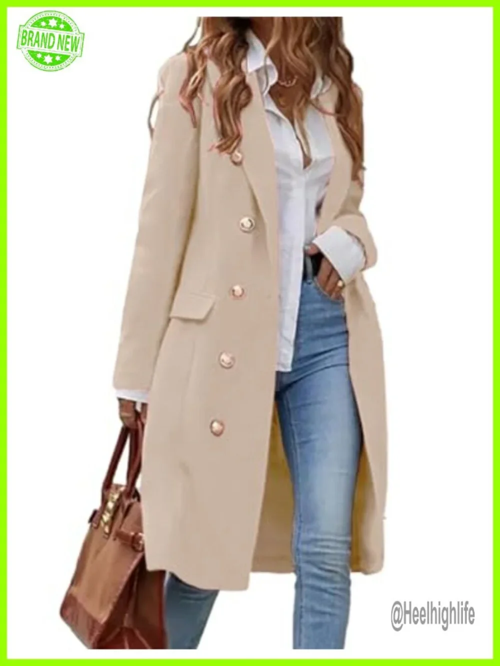 Long Wool Blend Pea Coat Trench Jacket Double Breasted Knee Length Notch Lapel