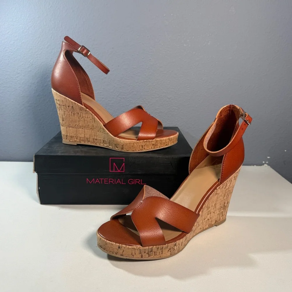 Material Girl Wedge Sandals Brown Cork Ankle Strap. Size 10.5