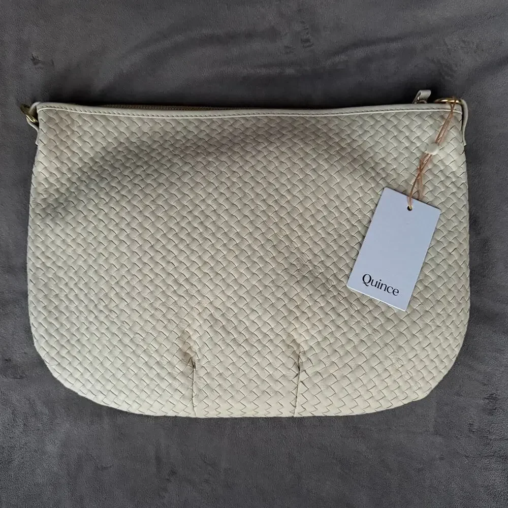 Quince Italian Leather Convertible Crescent Handwoven Shoulder Bag Bone NWT