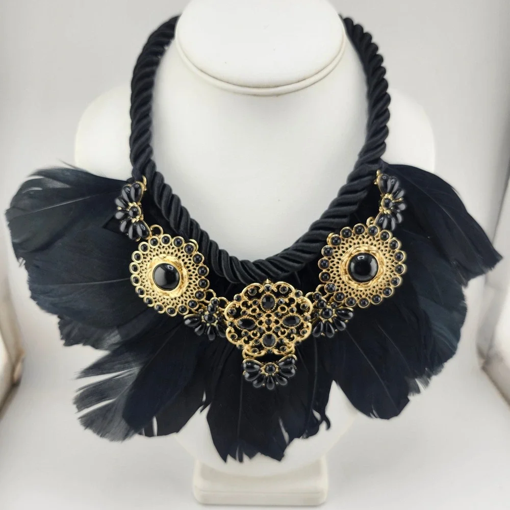 Gold Black Feather‎ Statement Necklace Choker Rhinestone Pendant