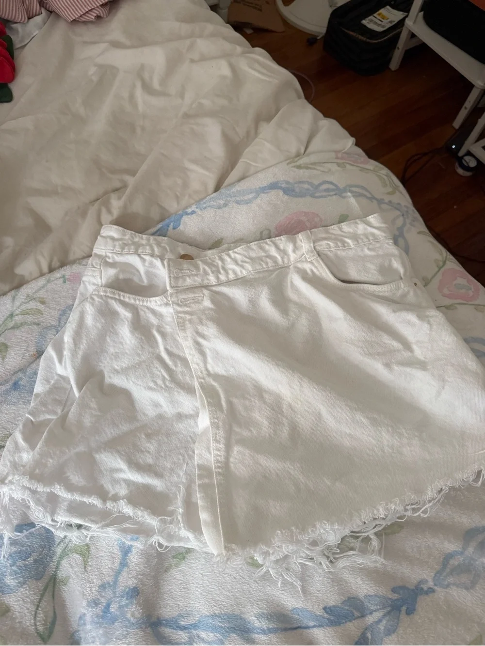 Zara White Denim Skort with Frayed Hem