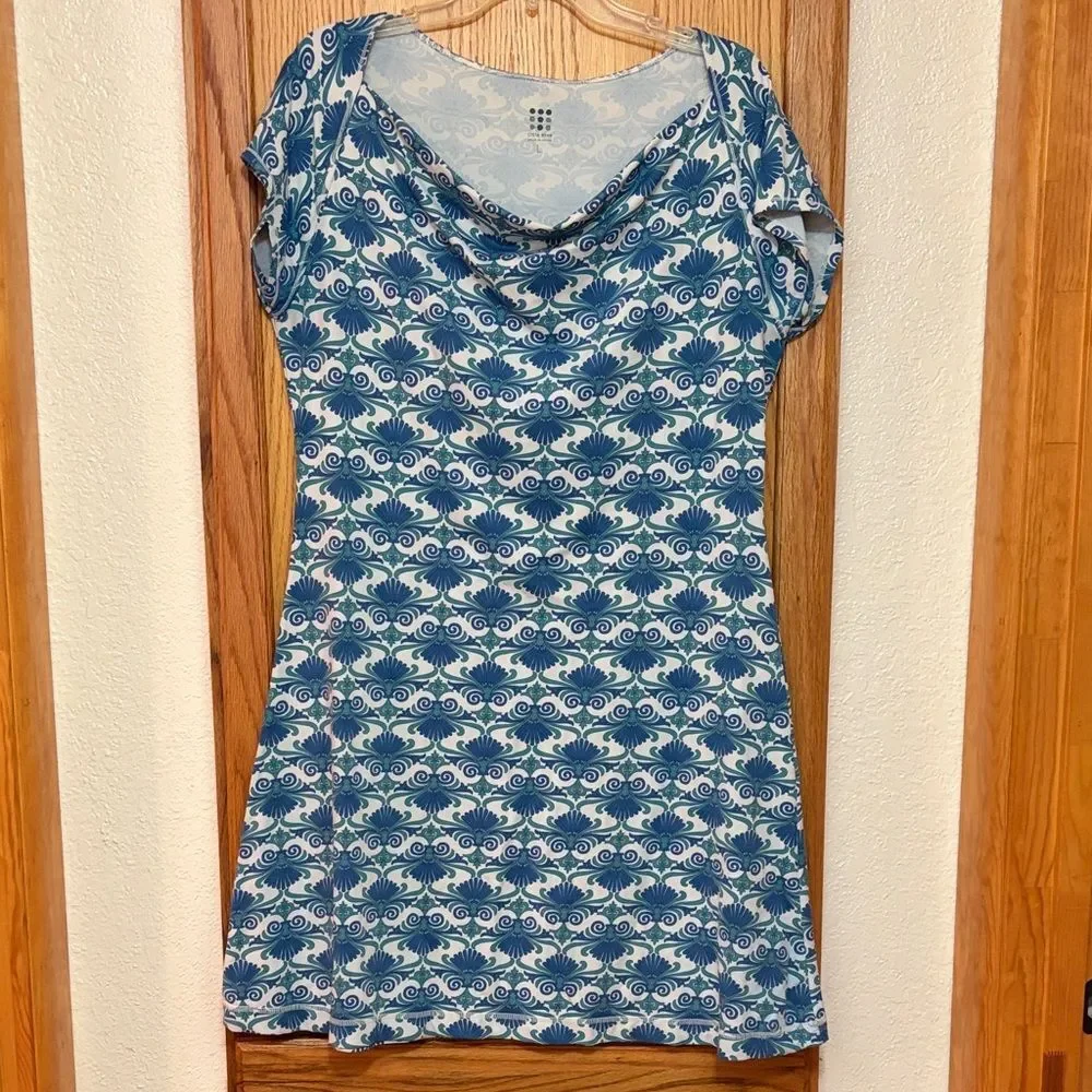 Title Nine Majestic Cowl Blue White Print Athletic Dress Tennis White Blue
