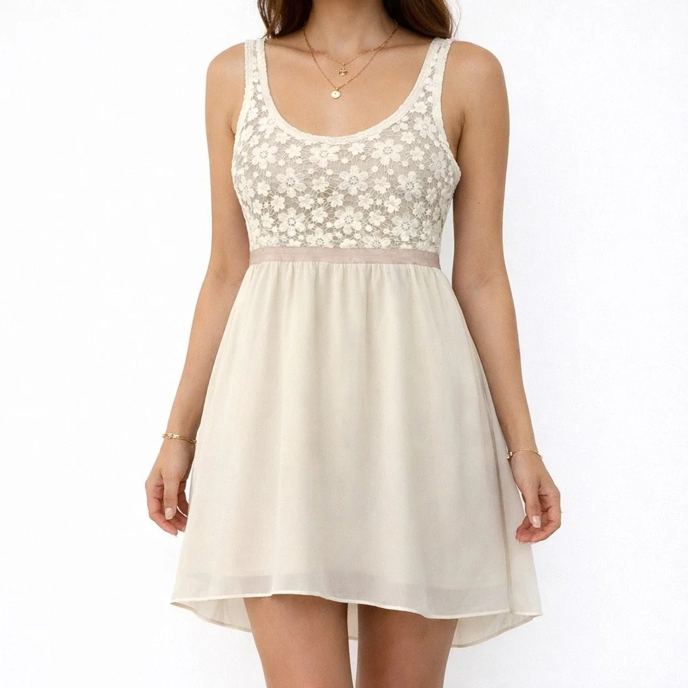 American Eagle Lace Chiffon Babydoll Dress Cream Boho Cottagecore Mini‎ Size M