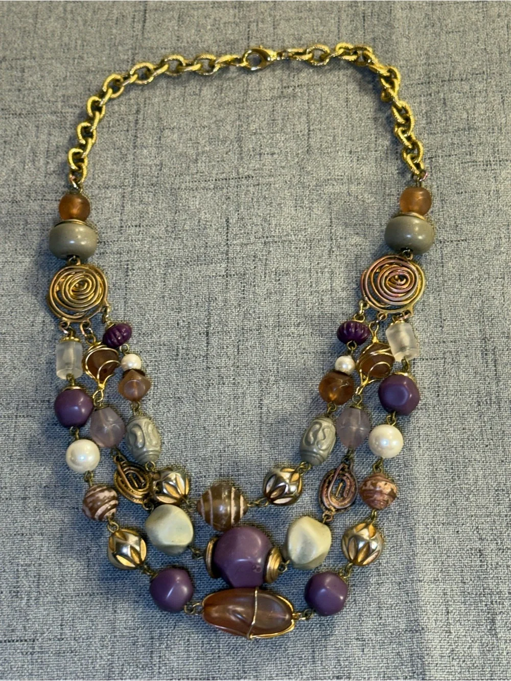 Vintage Triple Strand Purple‎ & Grey Bib Necklace - Molded Buddha & Spiral Beads