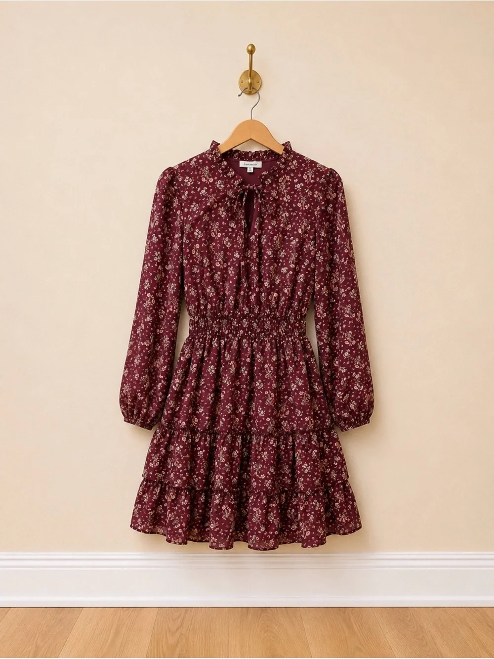 Francesca’s Burgundy Floral Ruffle Tiered Mini Dress Medium