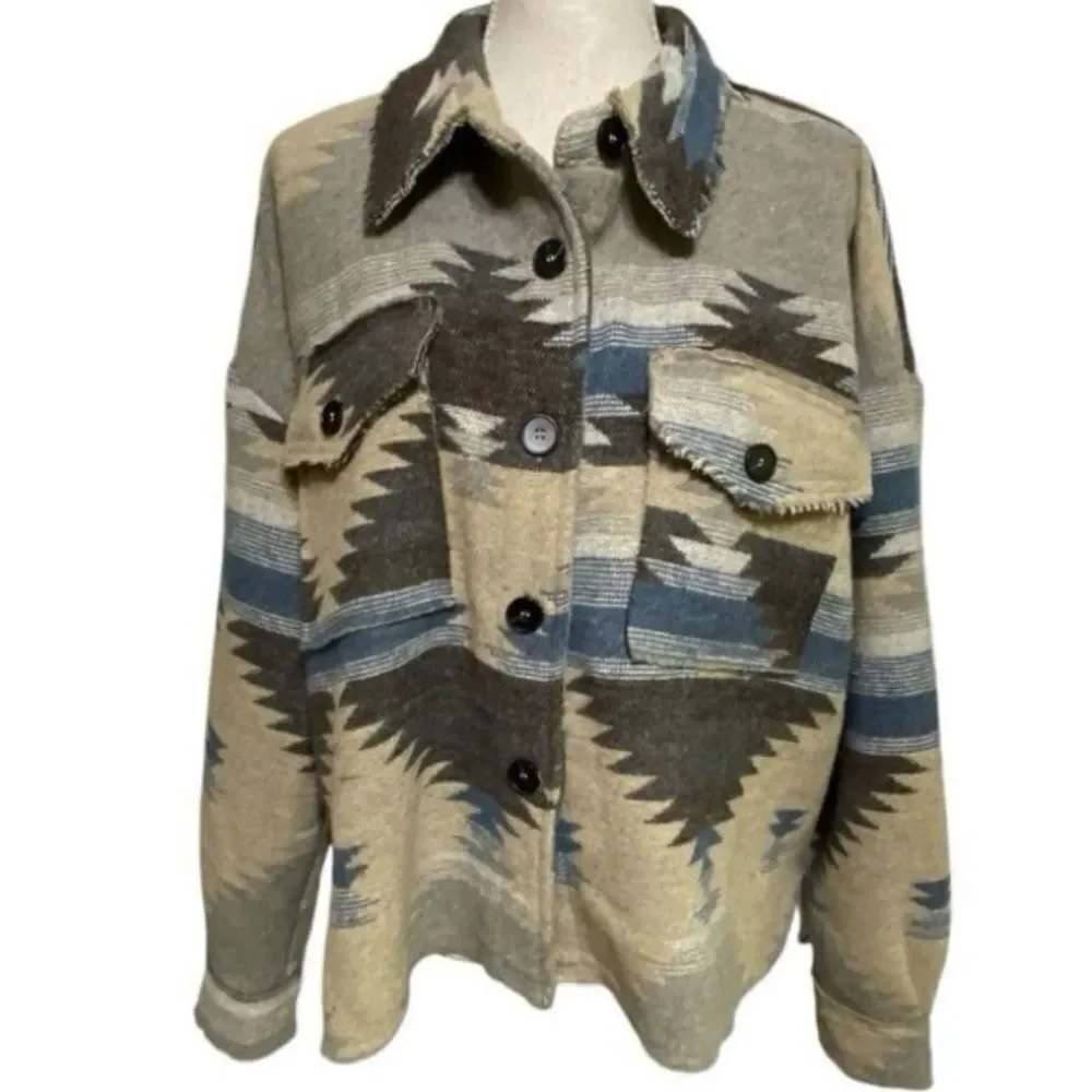 La Miel Womens Eldora Aztec Loose Fit Southwestern Shacket Size Large
