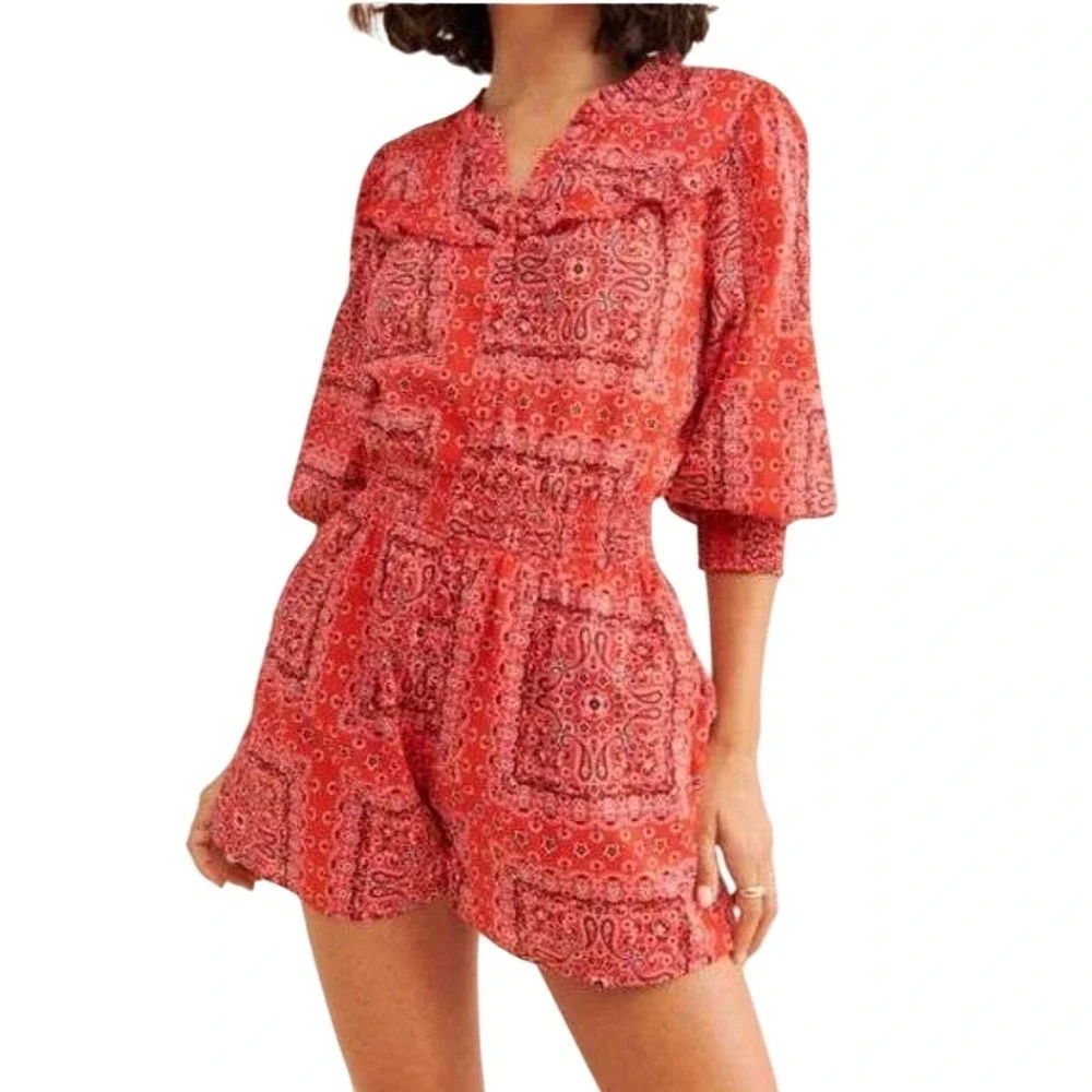 DuParadis Anthropologie Red Bandana Paisley Cotton Romper Smocked Waist Large