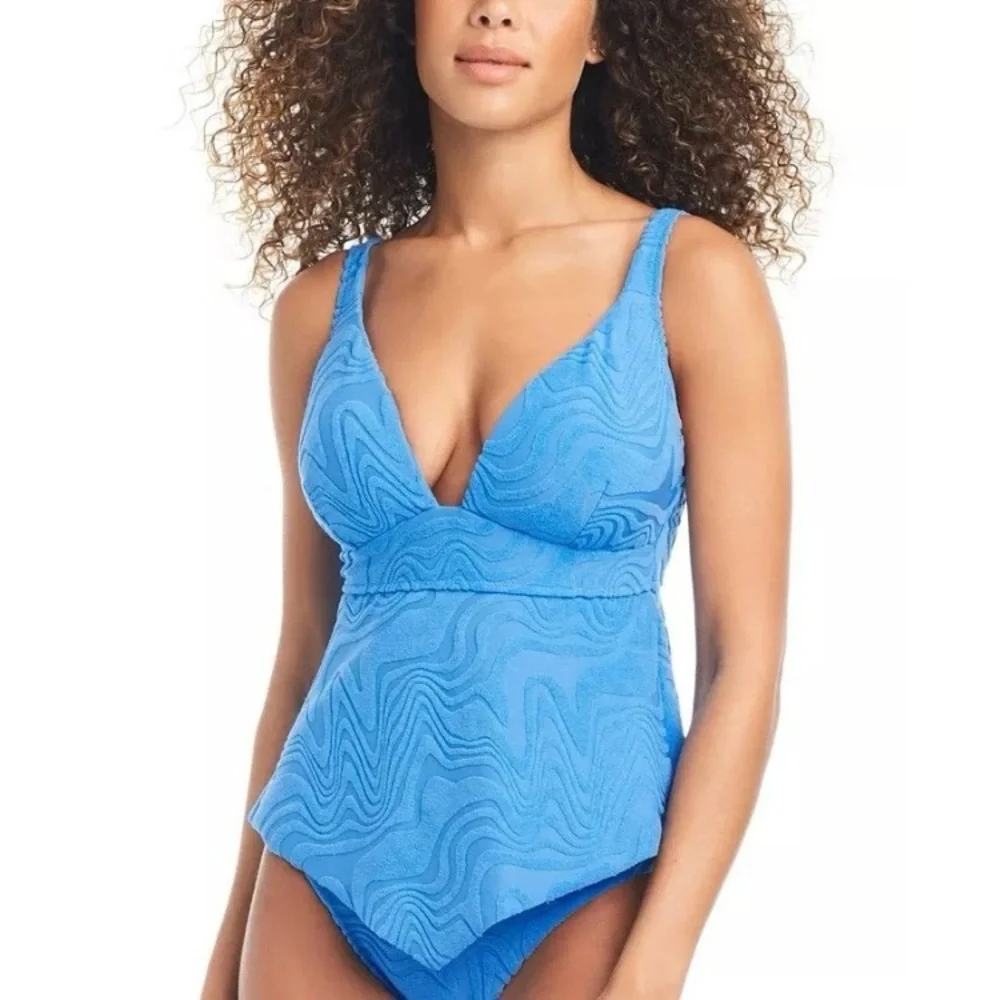 New Bar Ill Blue Textured Terry Hankey Beachwear Swim Tankini Top