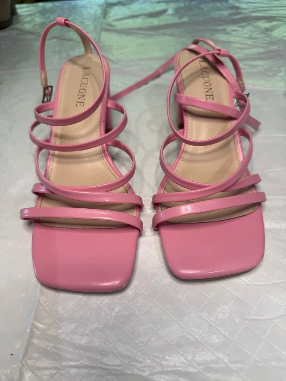 Lacuone Pink Strappy Square-Toe Sandals