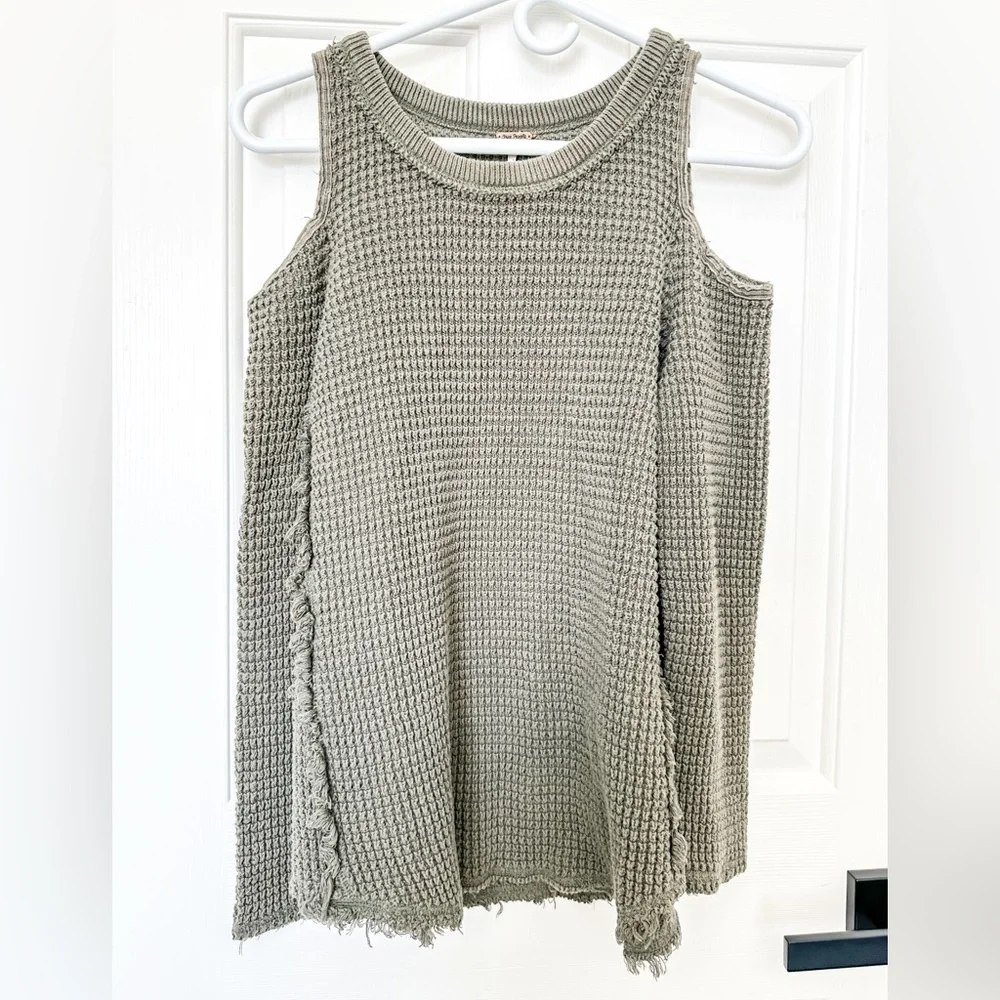 FREE PEOPLE Sunrise Sunset Cold Shoulder Waffle Knit Sweater Olive Green…