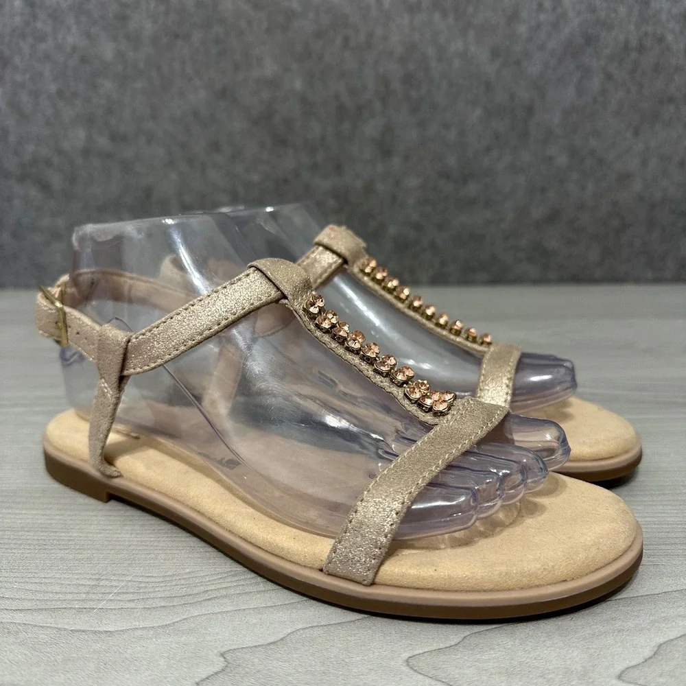 Clarks‎ Bay Rosa Champagne Metallic Women's Sz 7 T-Strap Rhinestone Sandals