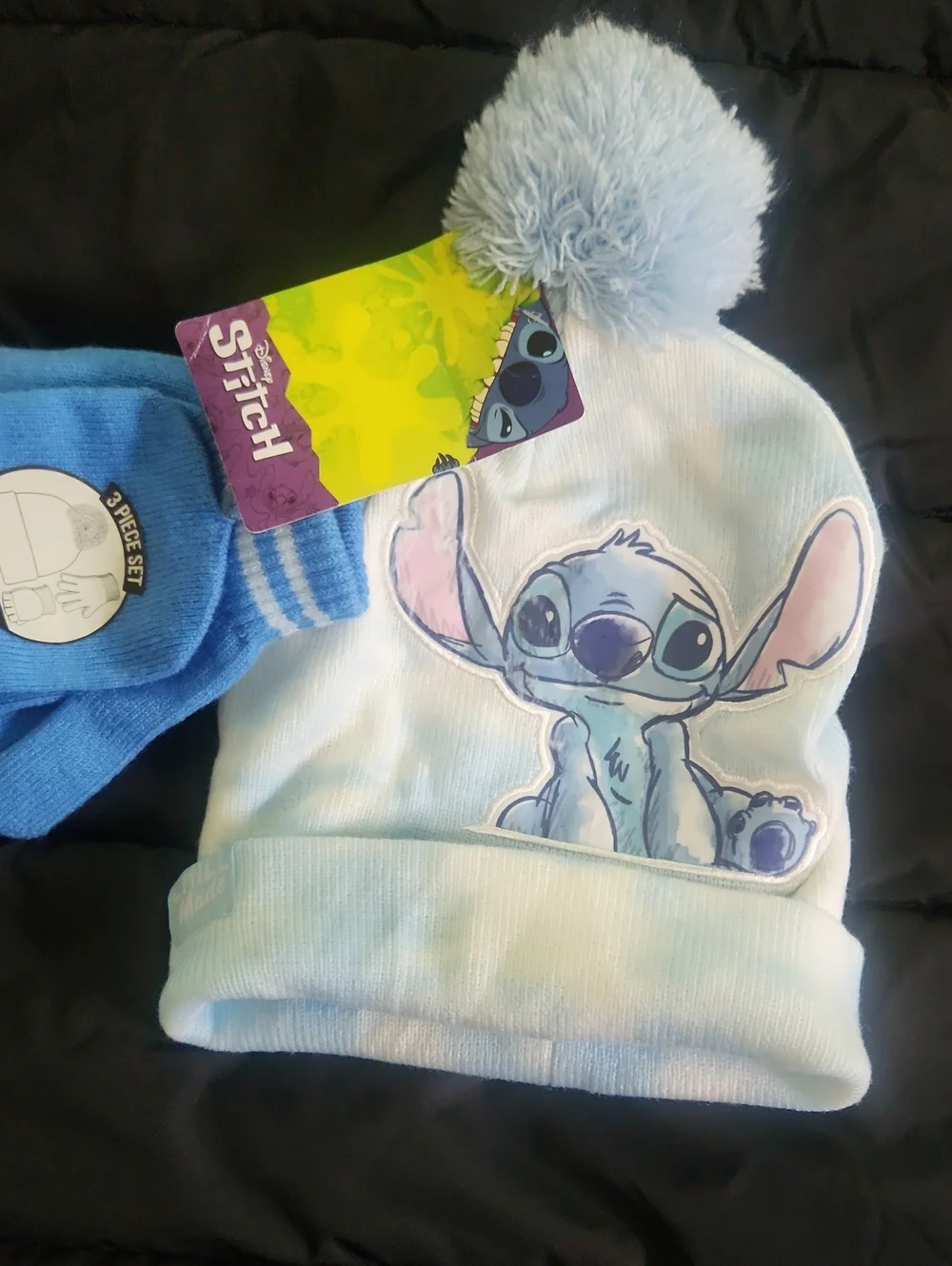 Disney Light Blue Stitch Pom-Pom Beanie with Blue Gloves
