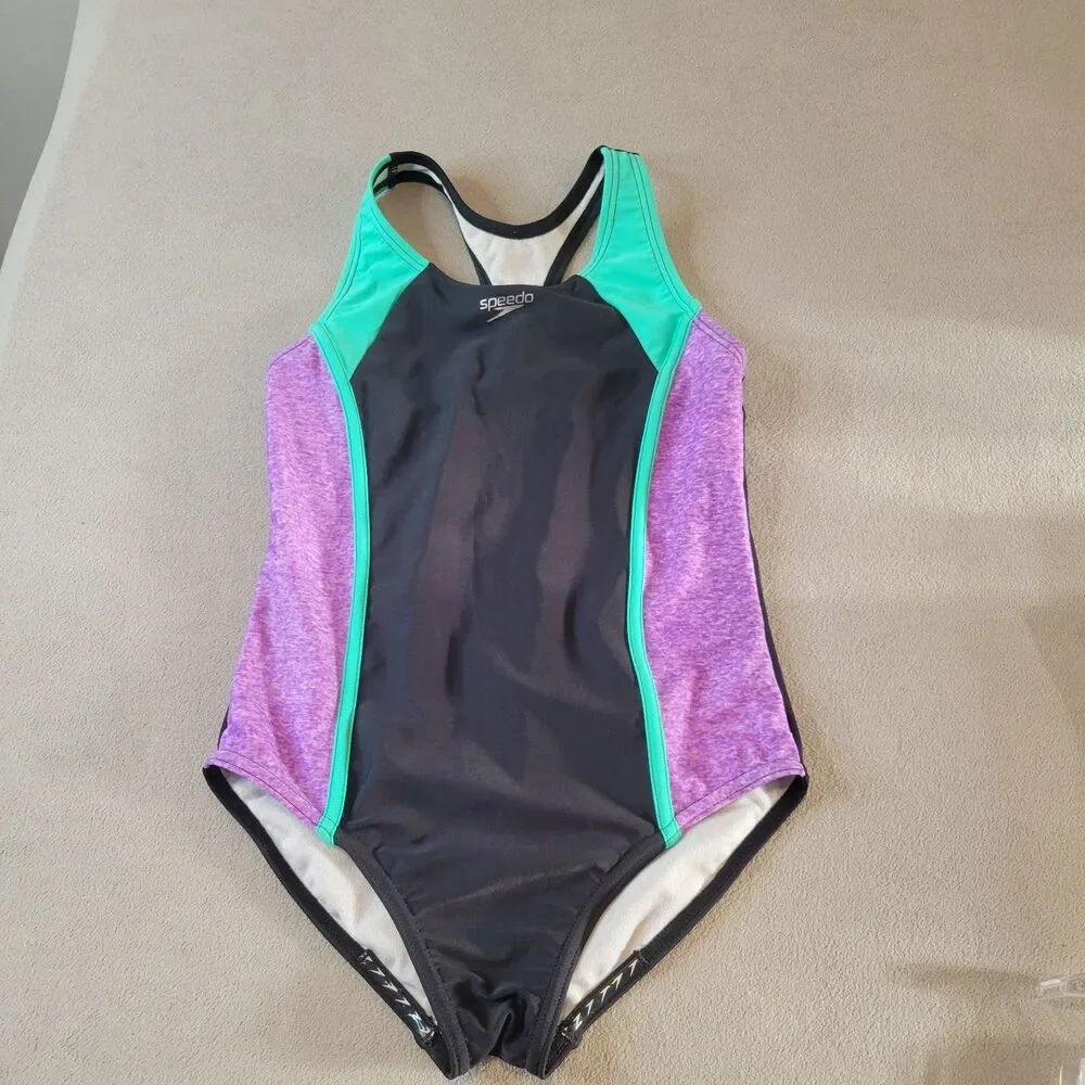 Speedo Girl’s One Piece Infinity Splice Thick Strap Size L Purple Green Racerbk