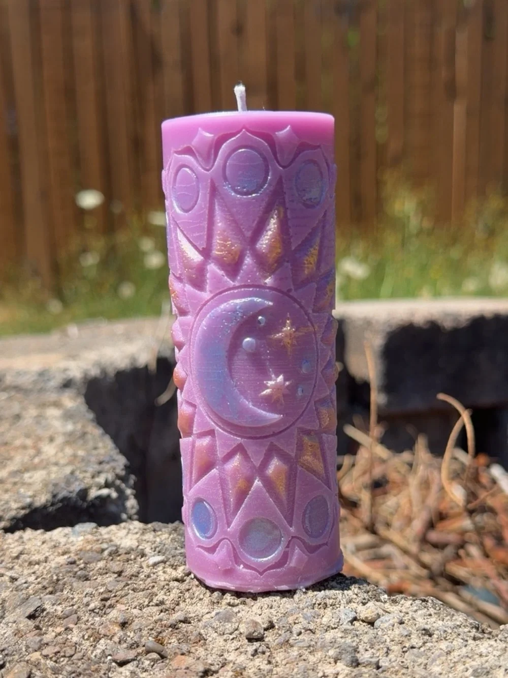 Handcrafted Pink Moon & Stars Decorative Pillar Candle