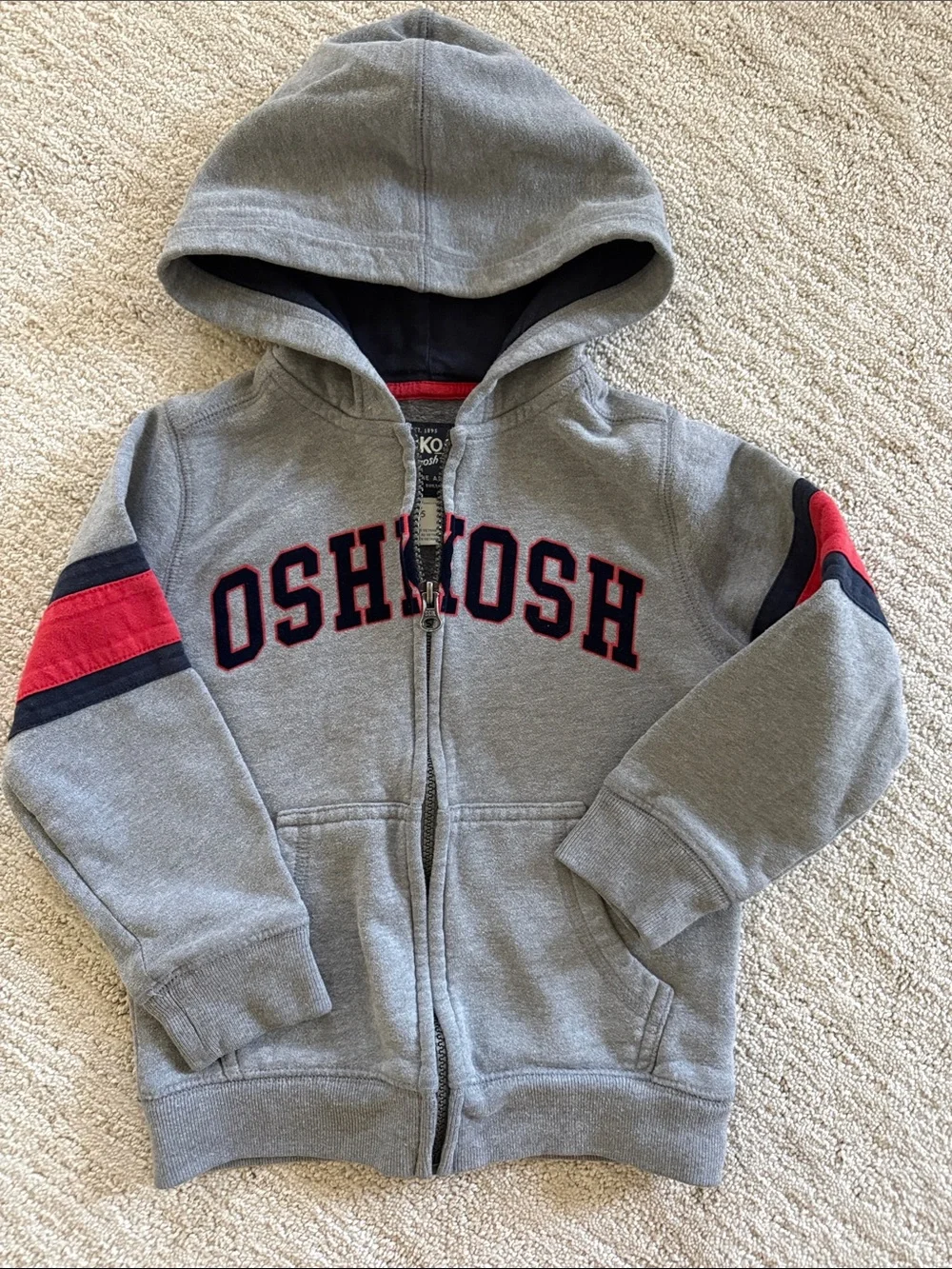 OshKosh B'gosh Gray Hooded Zip Sweatshirt with Red & Navy Accents