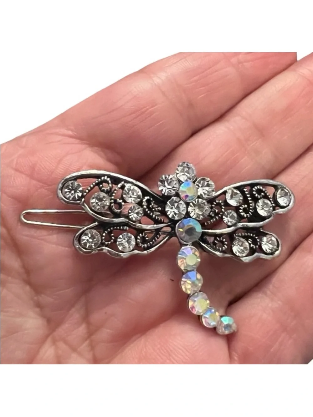 Crystal Dragonfly Hair Clip in Silver with Aurora Rhinestones FINAL PRICE DROP