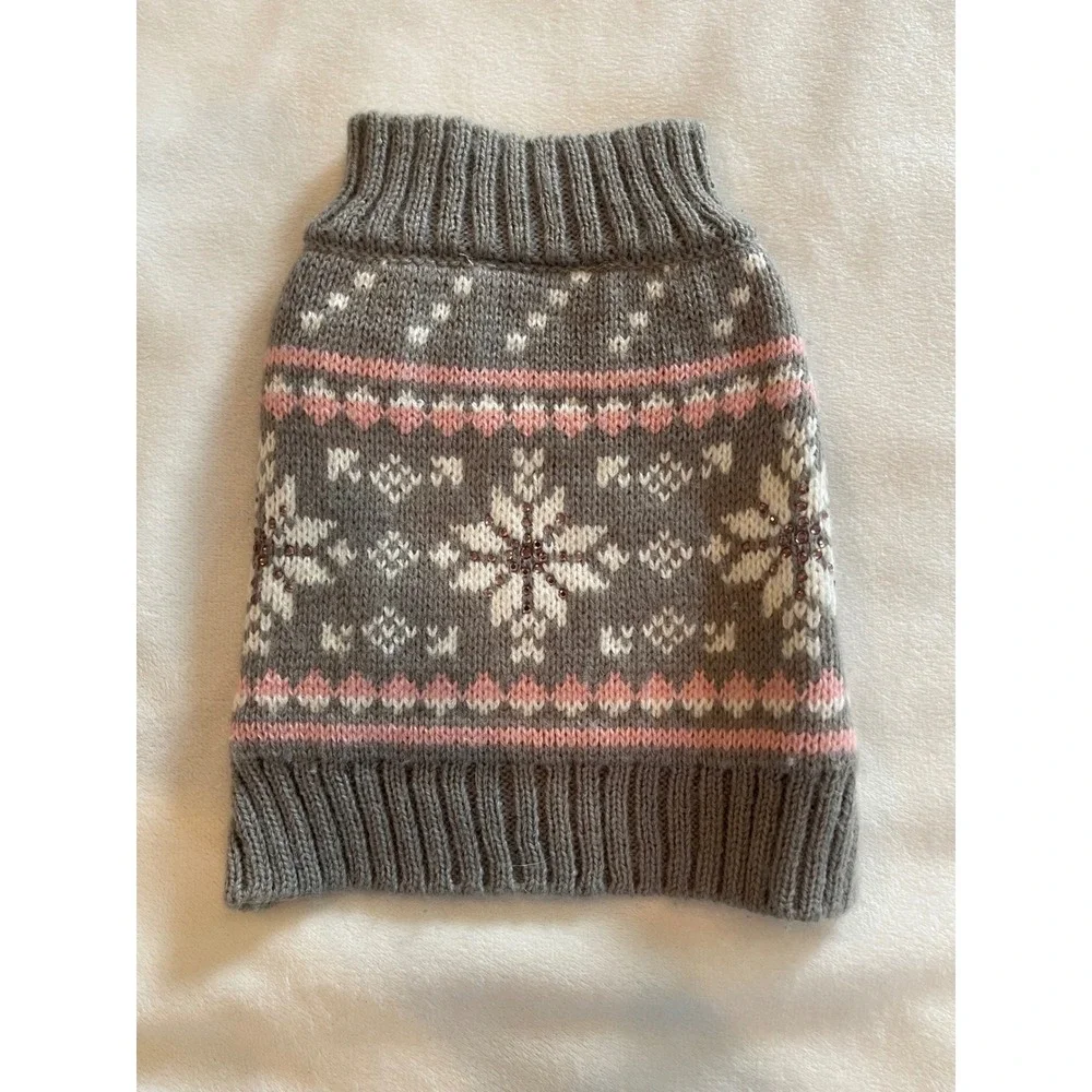 Top Paw Gray Pink Snowflake Fair Isle Pet Dog Sweater XS Beaded SC15