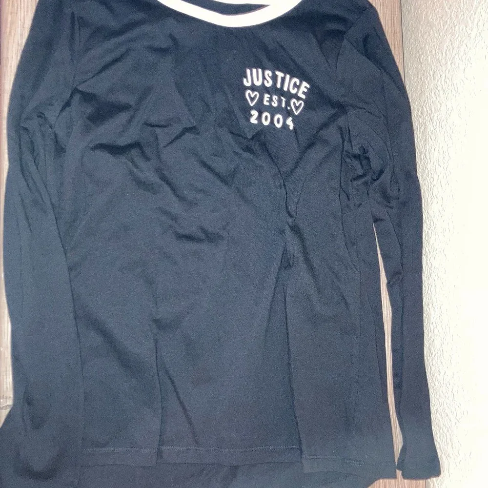 Justice Black Long Sleeve T Shirt Top 10 Cotton Blend White Trim and Logo GUC