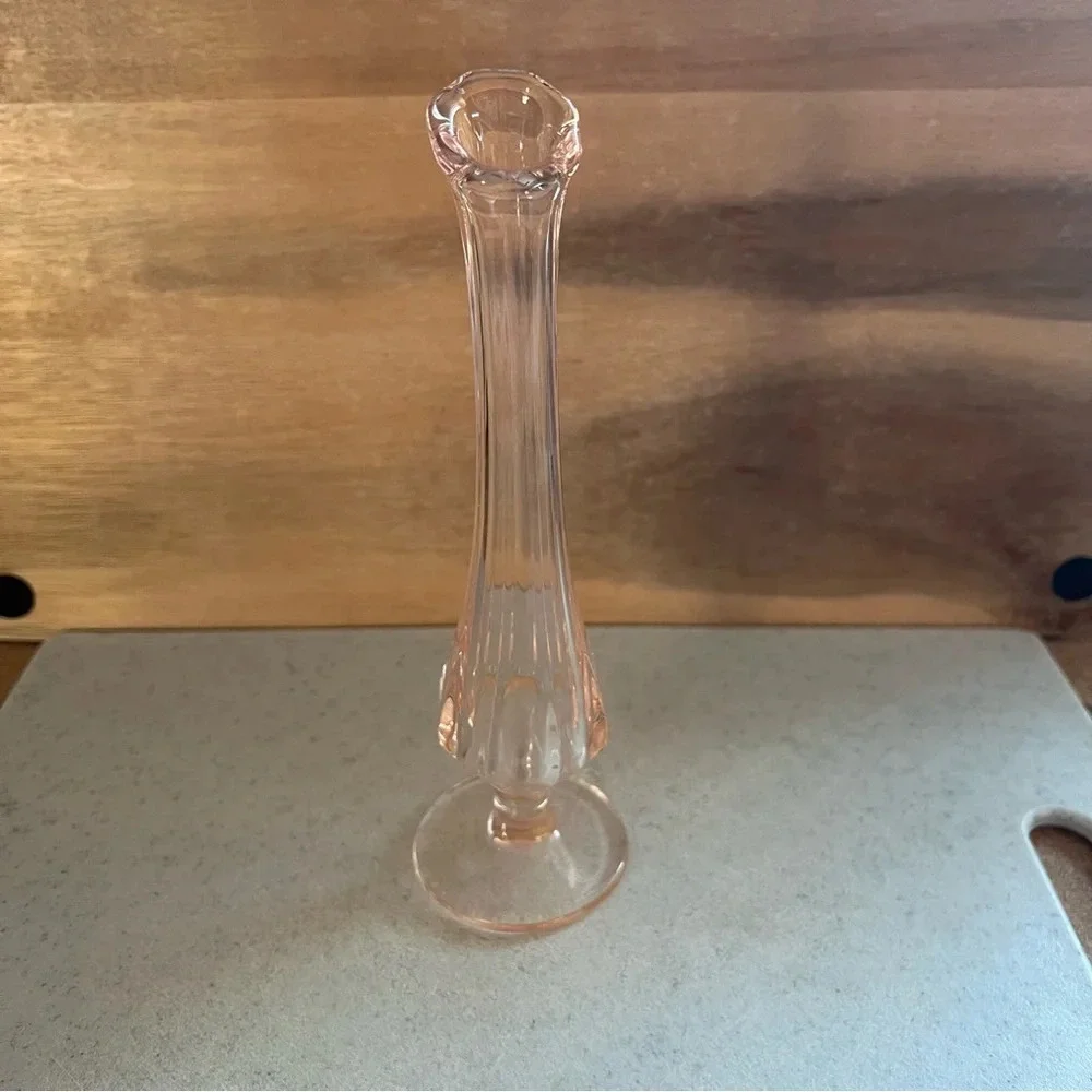 Antique Fenton Blush Pink Depression Ribbed Glass Bud Swung Pedestal Vase MCM